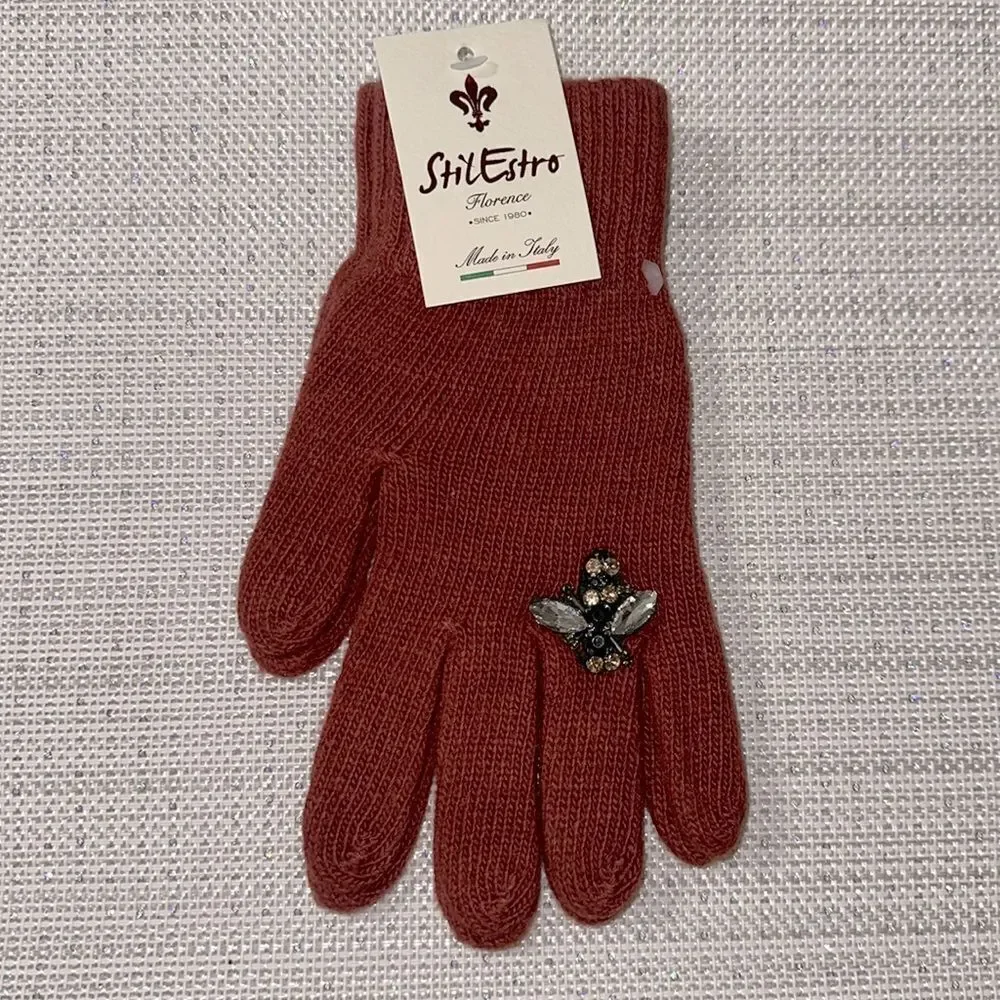 StilEstro Rust Cashmere Wool Blend Fine Knit Jeweled Ring Finger Detail Gloves